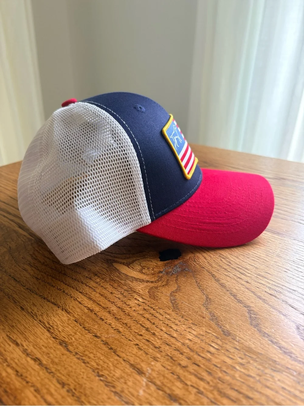 New with tags Fieldstone Mens Red & Navy Trucker Hat with Flag Patch- SnapBack